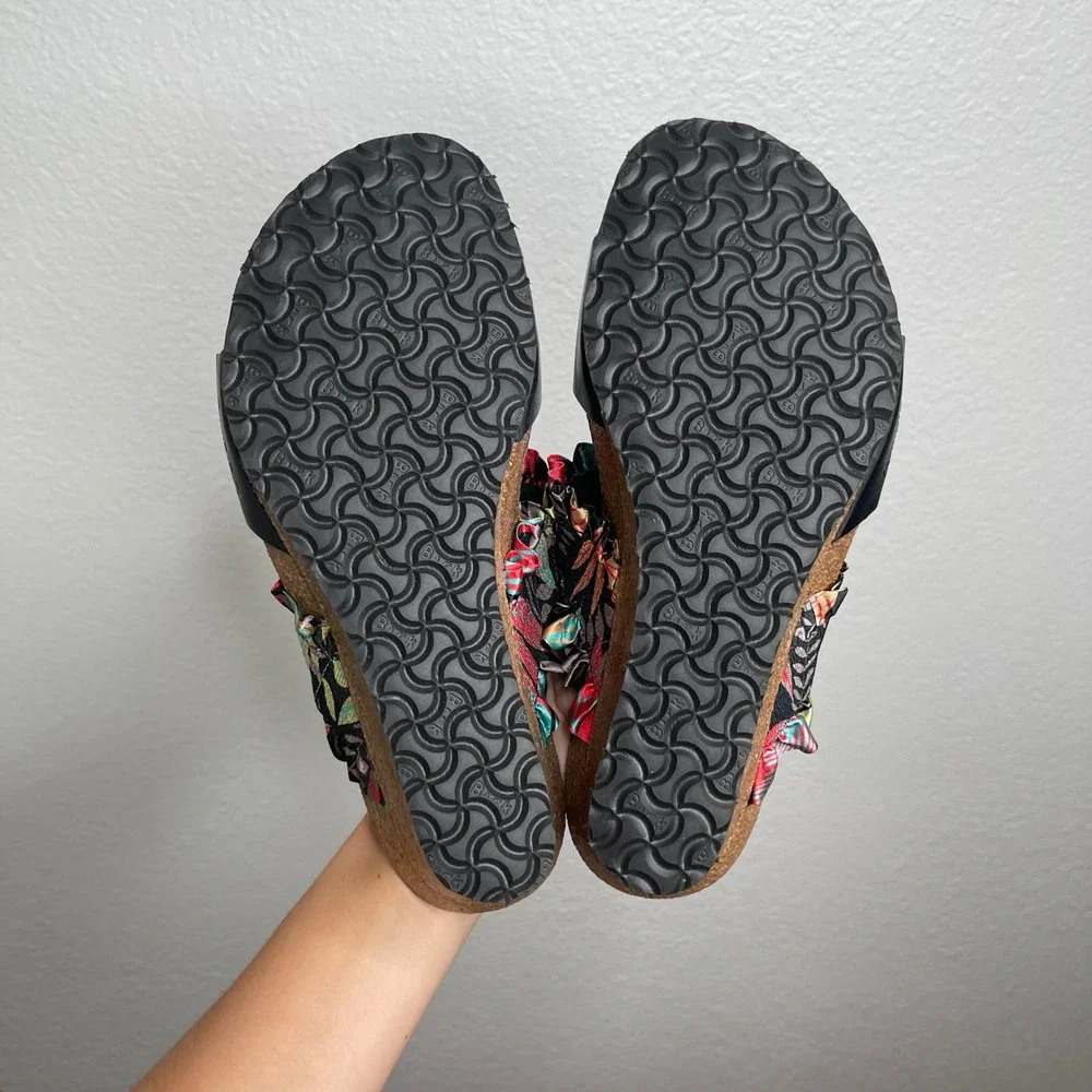 Papillio Birkenstock Black Tropical Floral Ruffle Cork Wedge Sandals Womens 38